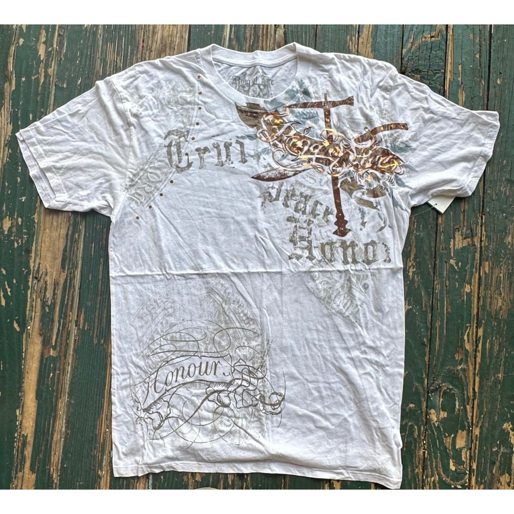 Ring of Fire Mens Graphic T-Shirt White Y2K Cross Wings XXL New NWT